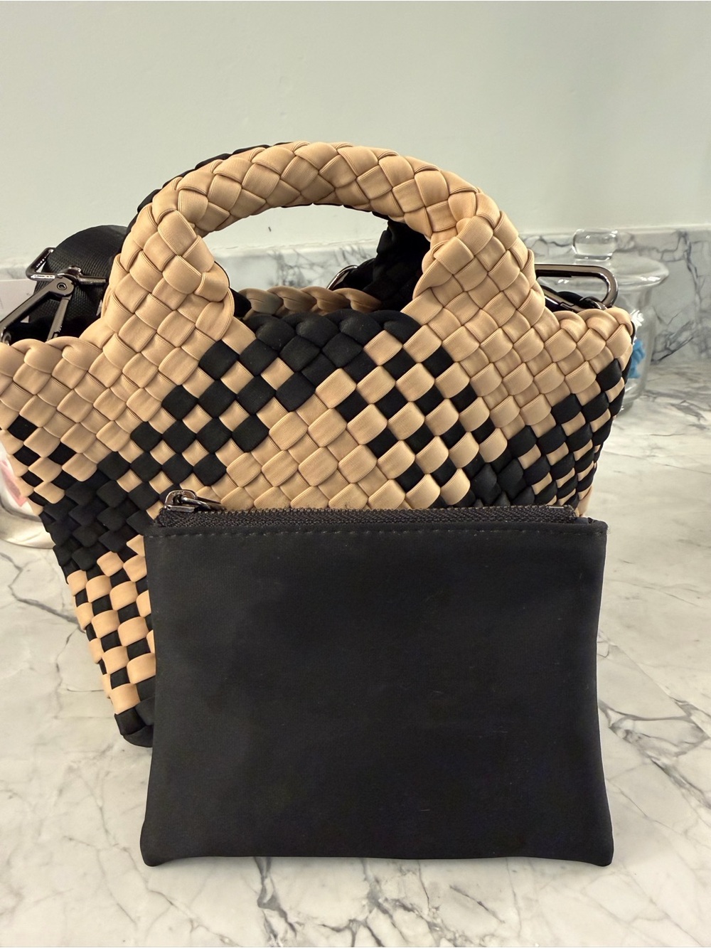 St. Barthes Petit Tote Woven Two-Tone Beige & Black Tote Bag - Picture 4 of 7
